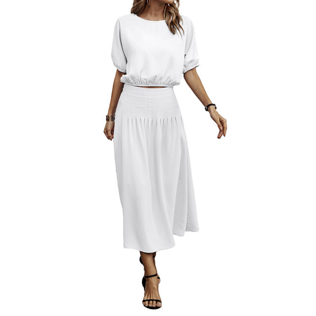 White Pleated Crop Top with Skirt Set TQX711094-1