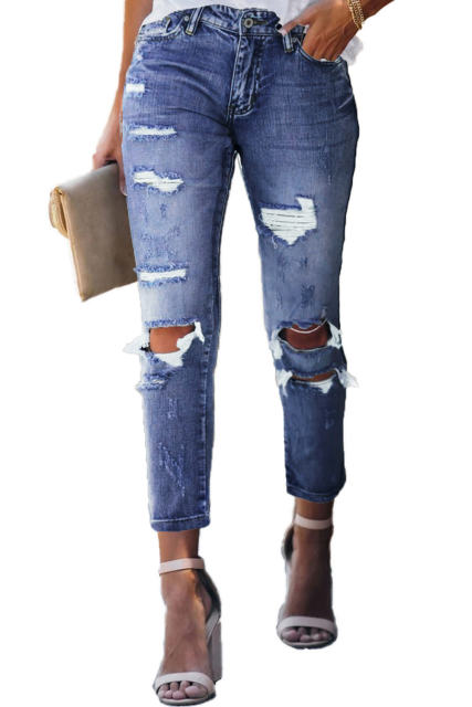 Blue Fading Distressed Holes Crop Jeans LC78064-5