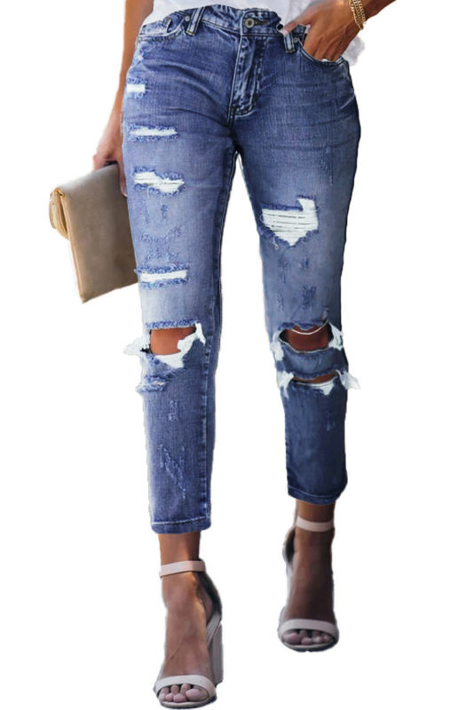 Blue Fading Distressed Holes Crop Jeans LC78064-5