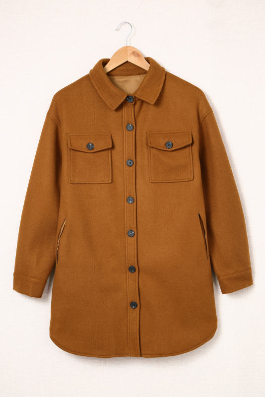 Brown Long Sleeve Pockets Buttoned Shirt Jacket LC8512409-17