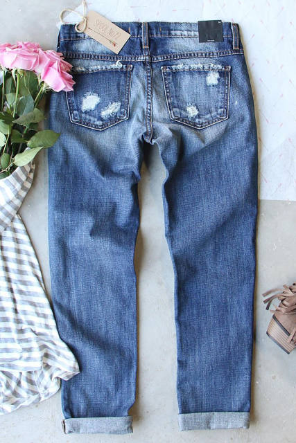 Sky Blue Valentine's Day Heart Patchwork Distressed Jeans LC7872635-4
