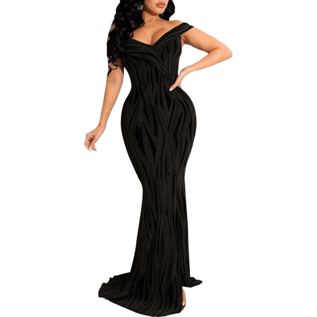 Black Shiner V-Neck Fishtail Evening Dress TQK311174-2