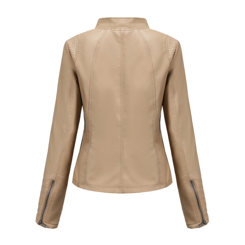 Apricot Zipper Pockets Long Sleeve PU Leather Jacket TQK280093-18