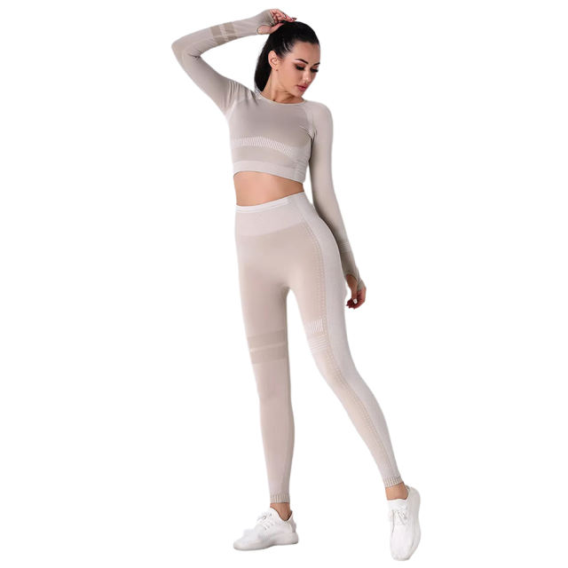 Khaki Seamless Knit Long Sleeve Pant Yoga Set TQE91372-21