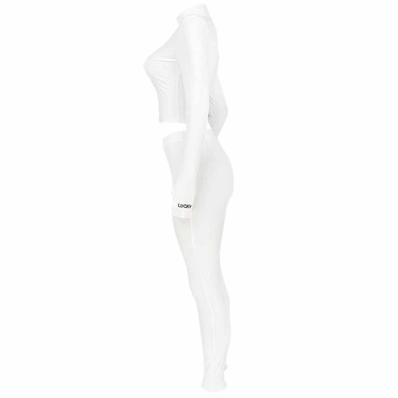 White Cotton Blend Zipper Datail Long Sleeve Top with Pant Set TQK710132-1