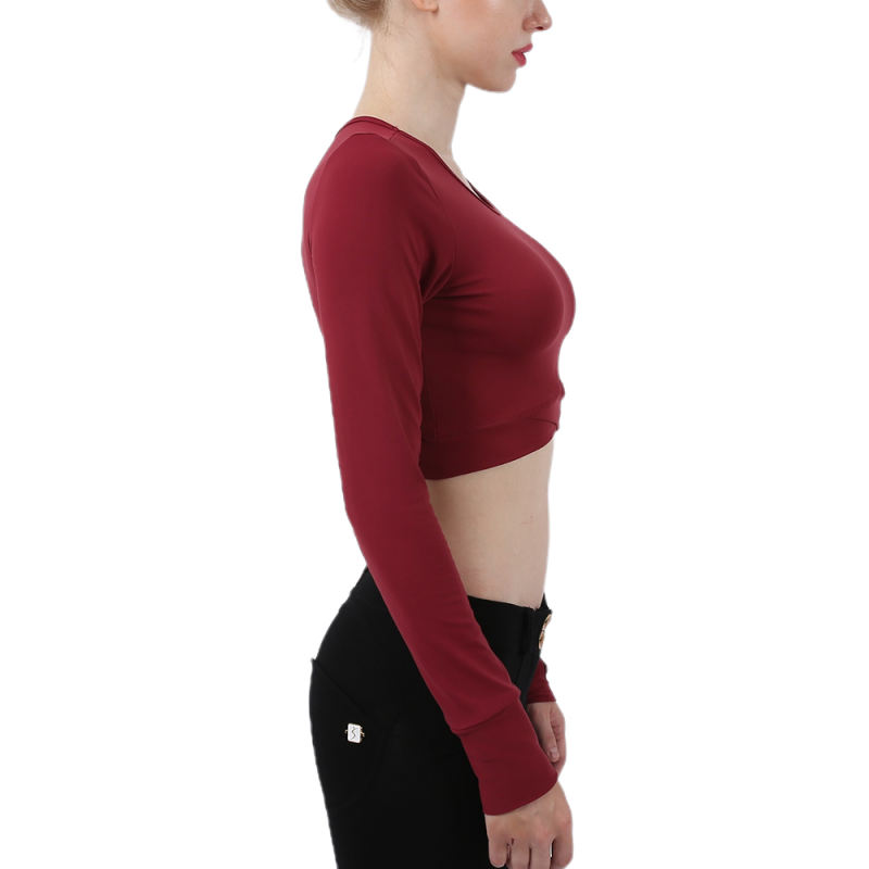 Wine Red Cross Hem Long Sleeve Sportswear Crop Tops TQE29054-103