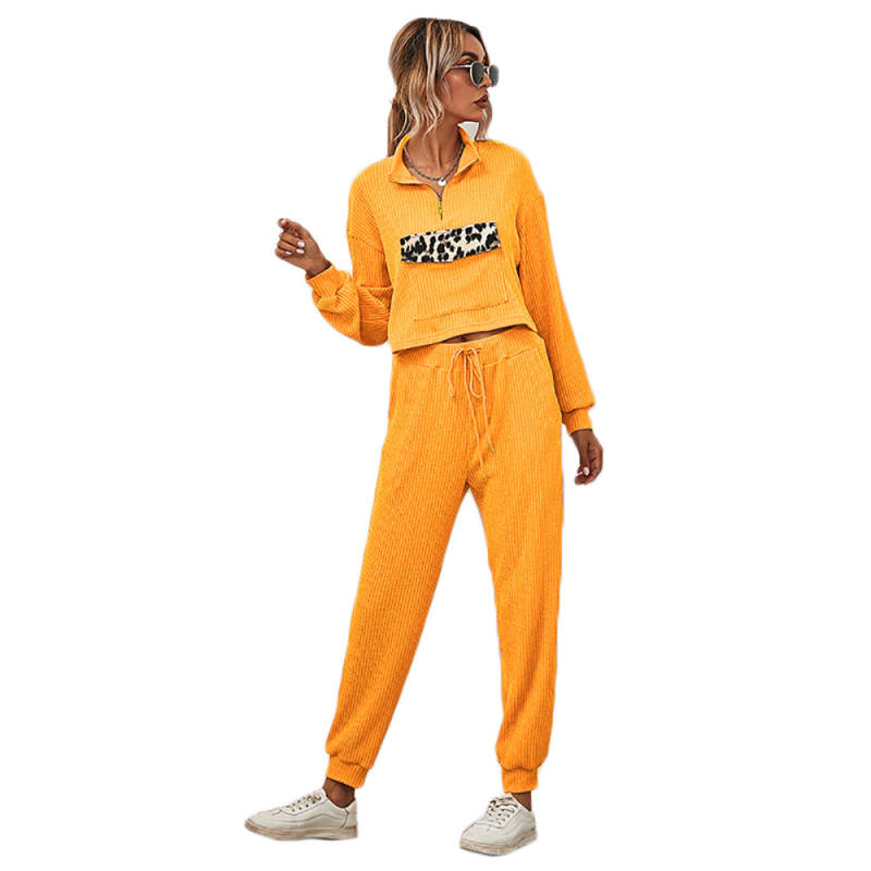 Yellow Zipper Up Leopard Detail Sweatshirt with Pant Set TQK710222-7