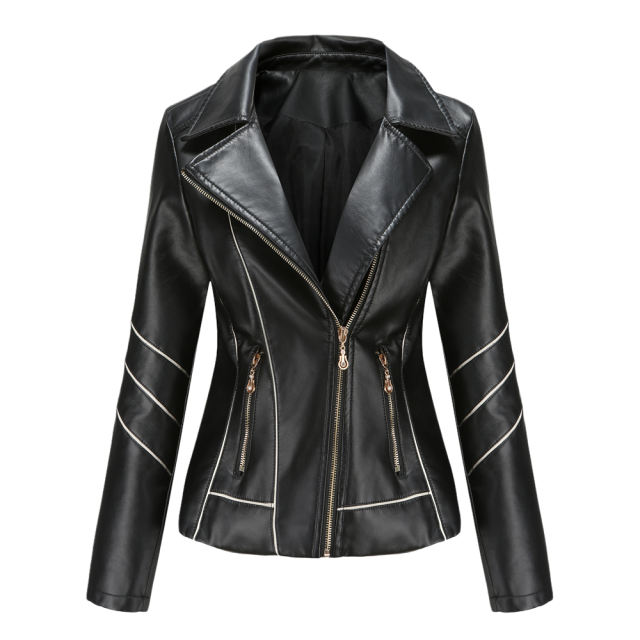 Black Turn Down Slim Fit PU Leather Jacket TQK280095-2