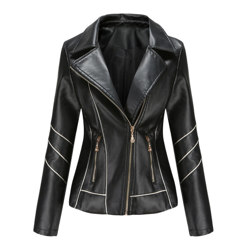 Black Turn Down Slim Fit PU Leather Jacket TQK280095-2