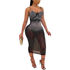 Black Mesh Rhinestone Plus Size Sling Dress TQK310775-2