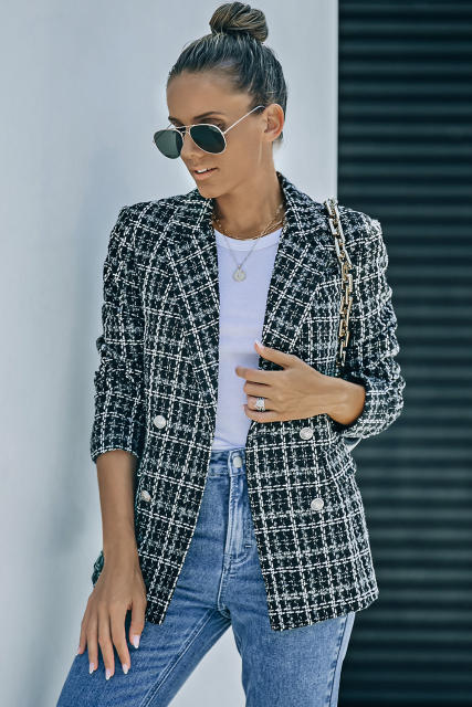 Black Lapel Collar Plaid Tweed Double Breasted Blazer LC852400-2