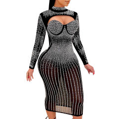 Black Mesh Rhinestone Beading Padded Long Sleeve Dress TQK311127-2
