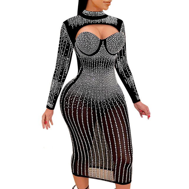 Black Mesh Rhinestone Beading Padded Long Sleeve Dress TQK311127-2