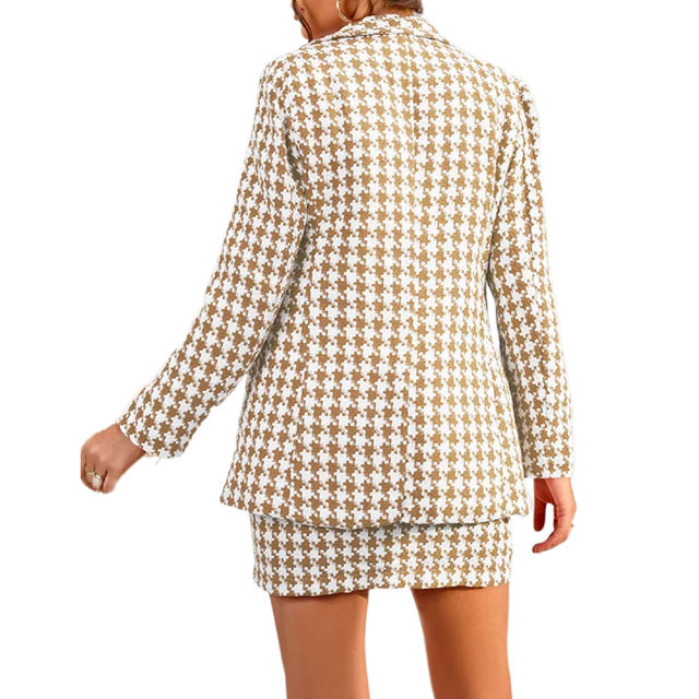 Khaki Plaid Print Blazer and Button Split Skirt Set TQF711046-21