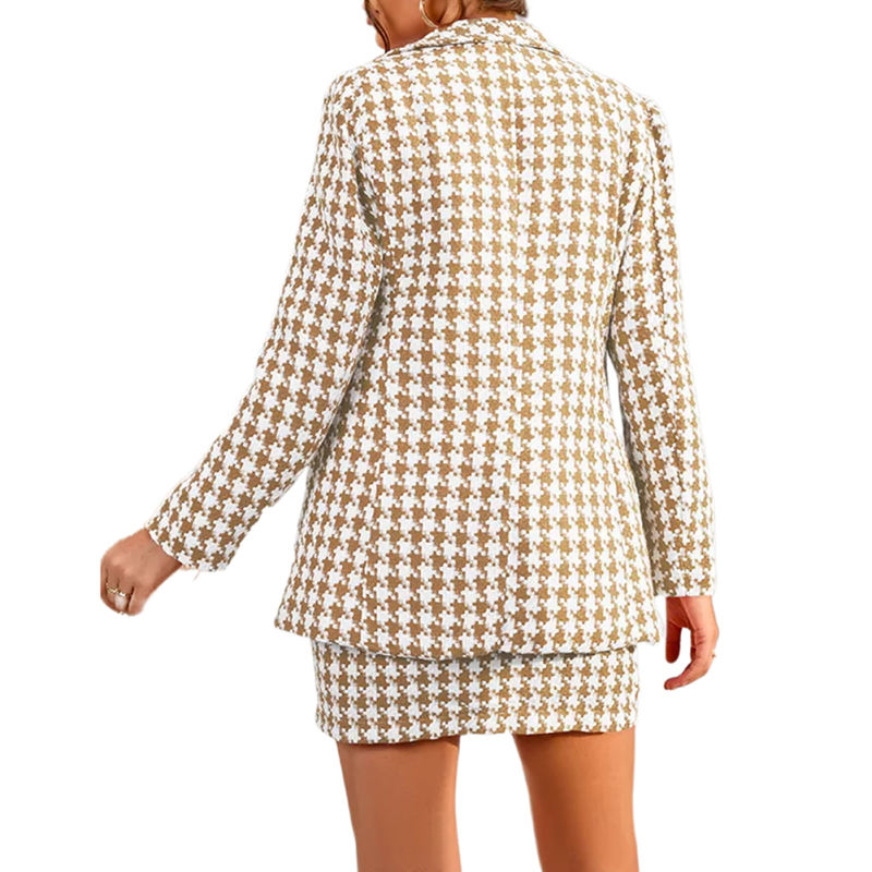 Khaki Plaid Print Blazer and Button Split Skirt Set TQF711046-21