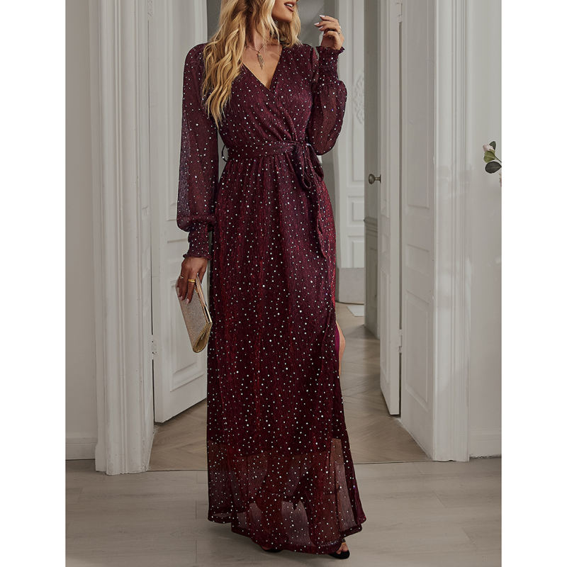 Burgundy Sequin V Neck High Split Maxi Dress TQK311352-23