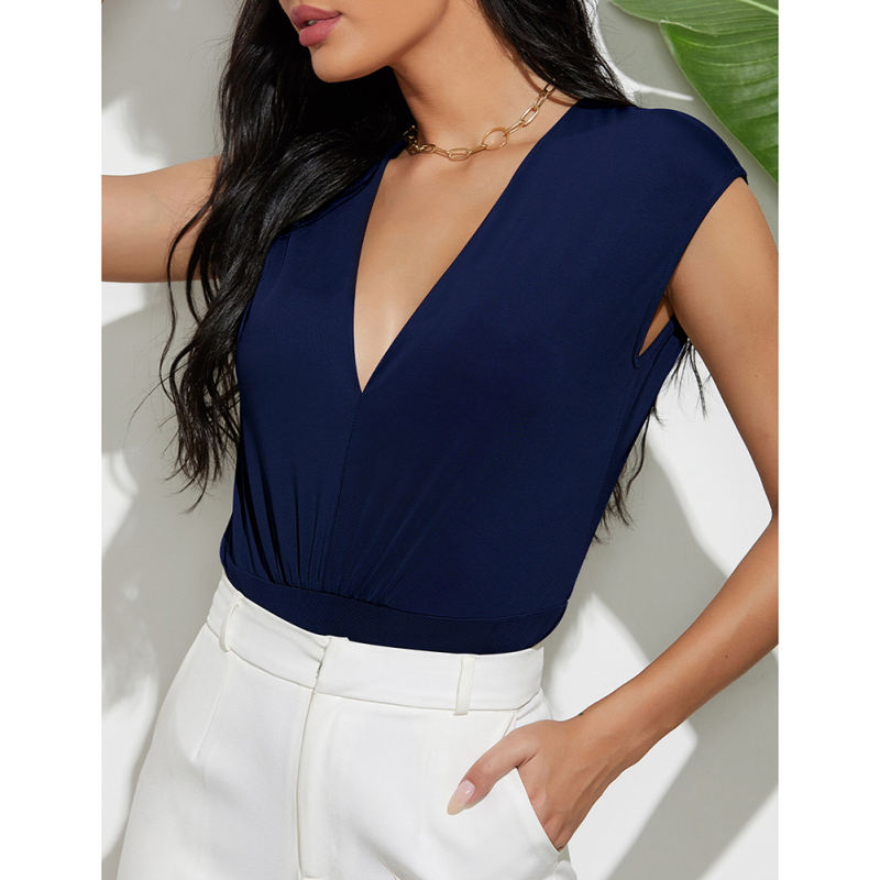 Navy Blue Solid V Neck Sleeveless Bodysuit TQV220175-34
