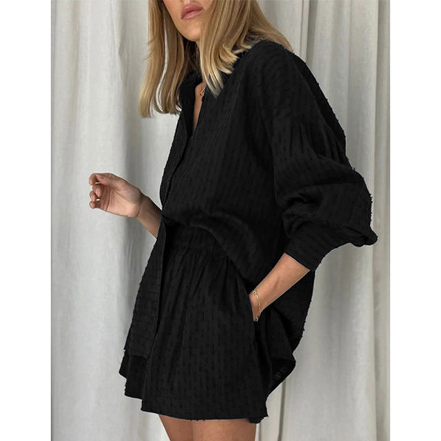 Black Hollow-out Jacquard Long Sleeve Shirt with Shorts Set TQF711040-2
