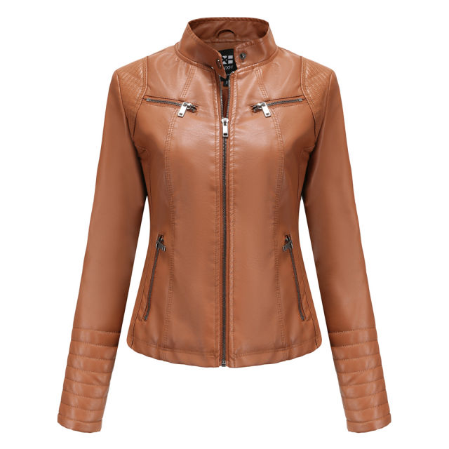 Camel Zipper Pockets Long Sleeve PU Leather Jacket TQK280093-58