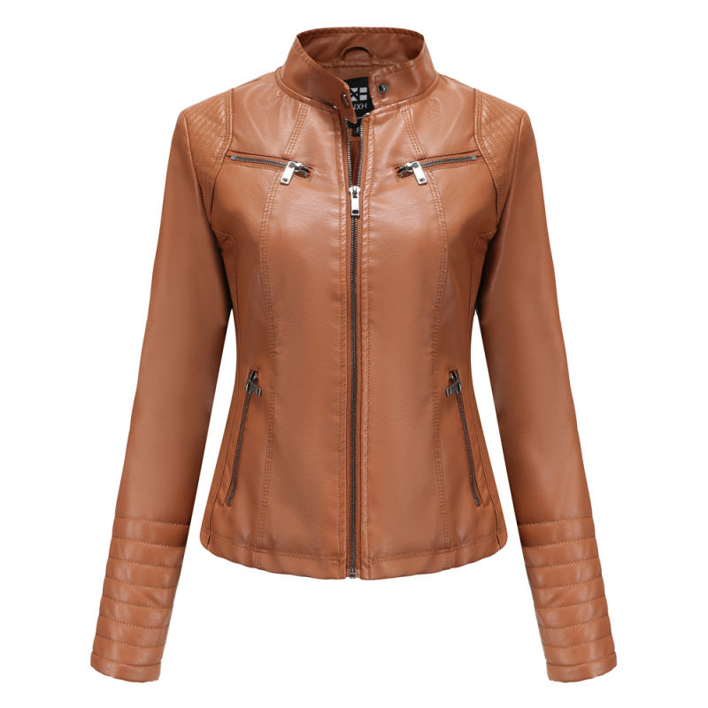 Camel Zipper Pockets Long Sleeve PU Leather Jacket TQK280093-58