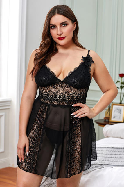 Black Color Block Hollow-out Lace Gauze Patchwork Plus Size Babydoll LC31319-2
