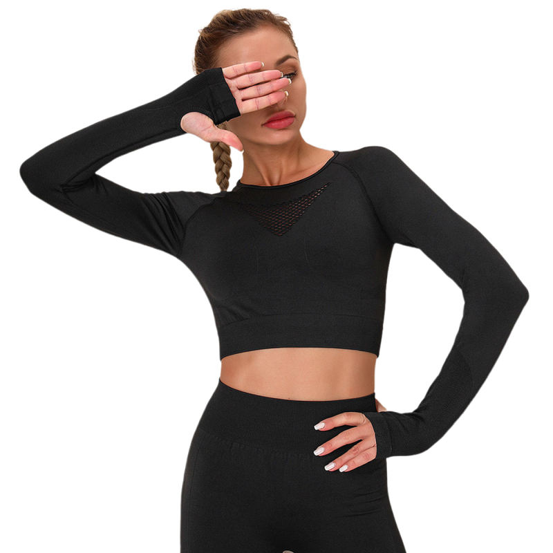 Black Long Sleeve Seamless Yoga Top TQE180189-2
