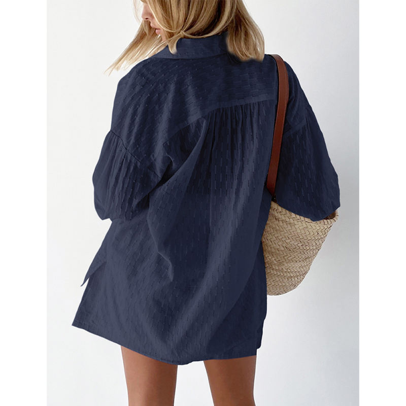 Navy Blue Hollow-out Jacquard Long Sleeve Shirt with Shorts Set TQF711040-34
