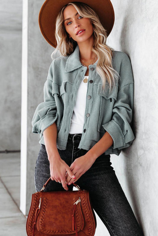 Sky Blue Waffle Knit Buttons Cropped Jacket with Pockets  LC8512529-4