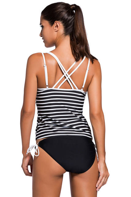 Black White Striped Strappy Two Piece Swimsuit