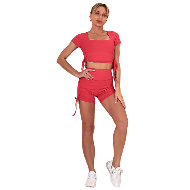 Red Sides Drawstring Short Sleeve Yoga Short Set TQK710241-3