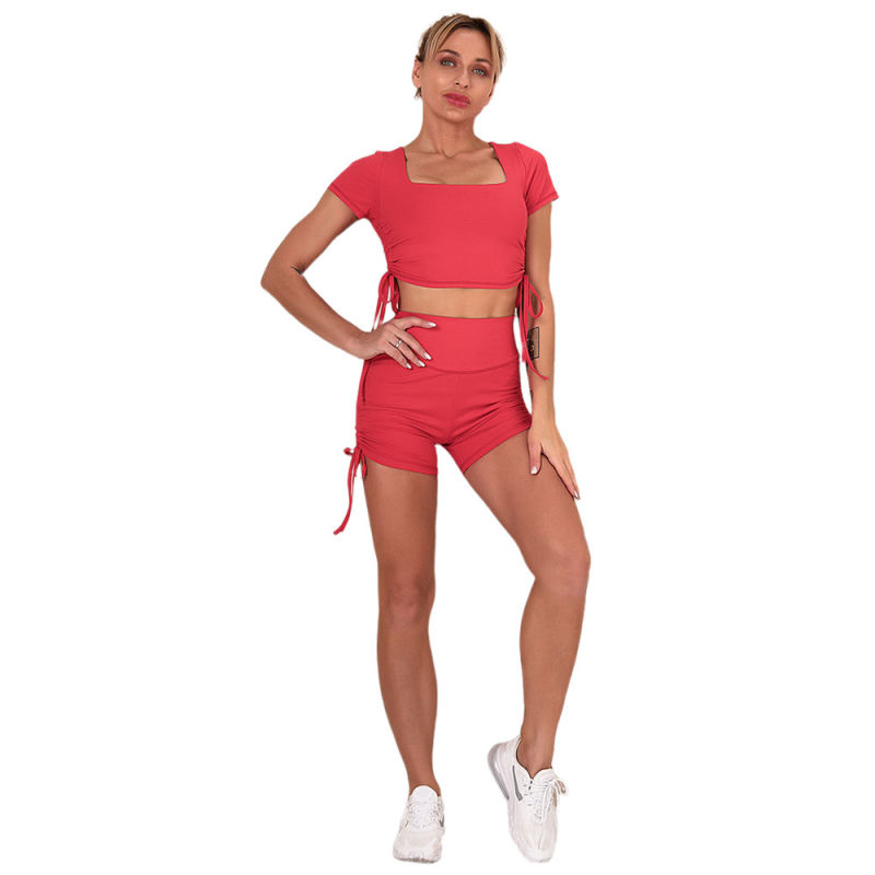 Red Sides Drawstring Short Sleeve Yoga Short Set TQK710241-3