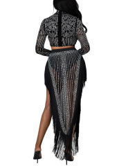 Black Rhinestone Long Sleeve Crop Tops and Tassels Skirt Set TQV810016-2
