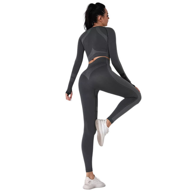 Black Seamless Knit Long Sleeve Pant Yoga Set TQE91372-2