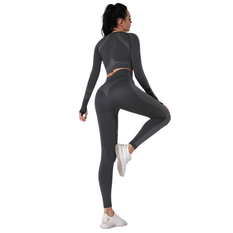 Black Seamless Knit Long Sleeve Pant Yoga Set TQE91372-2