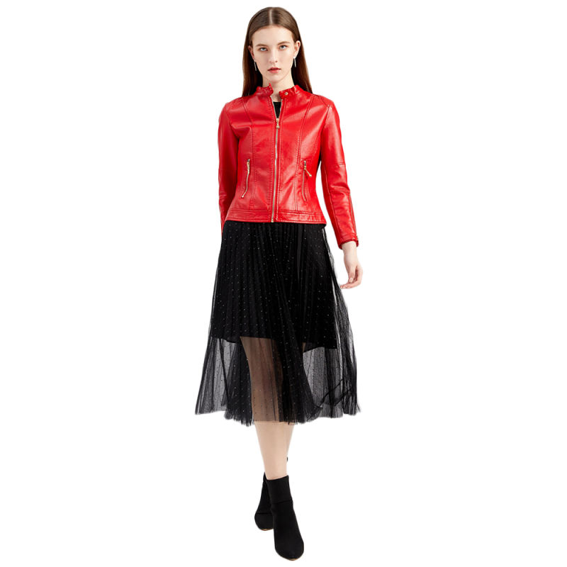 Red Stand Collar Zipper Detail PU Leather Jacket TQK280094-3