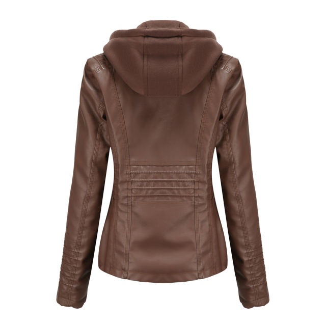 Coffee Removable Hooded Washed PU Leather Jacket TQK280096-15
