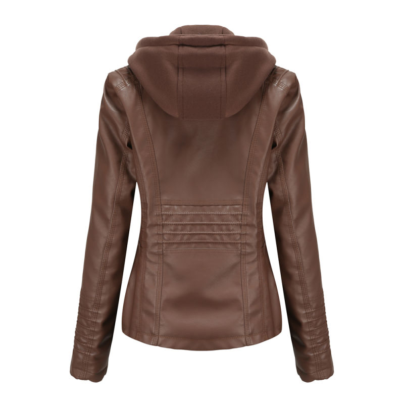 Coffee Removable Hooded Washed PU Leather Jacket TQK280096-15