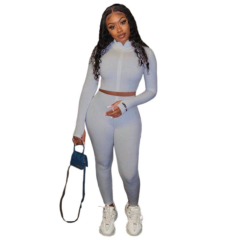 Gray Cotton Blend Zipper Datail Long Sleeve Top with Pant Set TQK710132-11