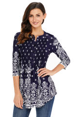 Navy Blue Floral Notch Neck Pin-tuck Tunic