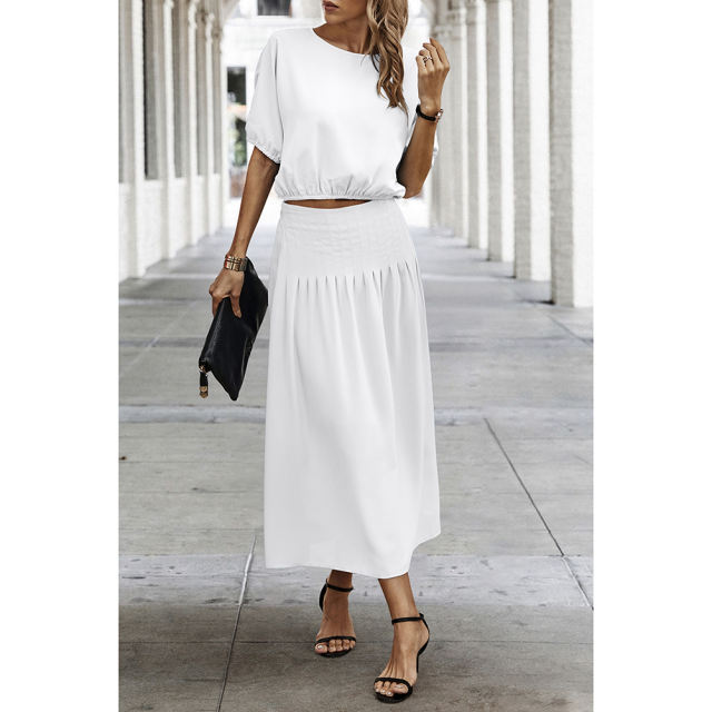 White Pleated Crop Top with Skirt Set TQX711094-1