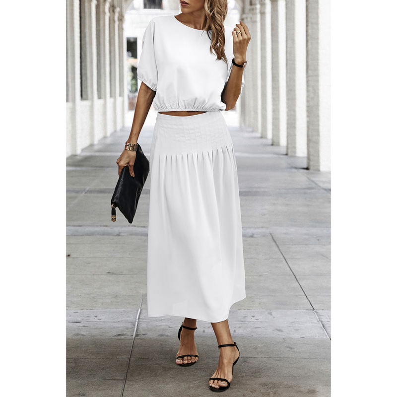 White Pleated Crop Top with Skirt Set TQX711094-1
