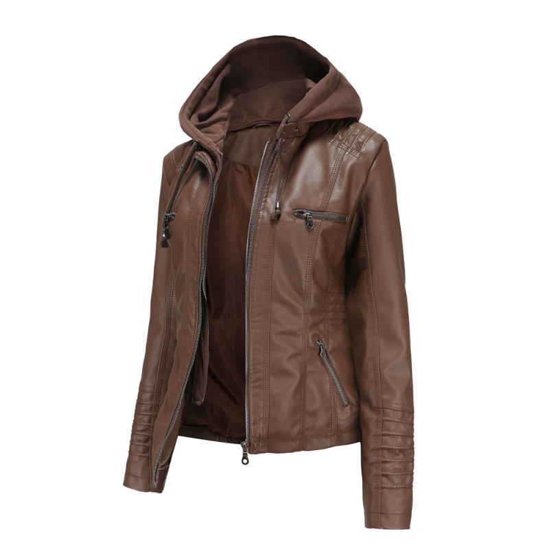 Coffee Removable Hooded Washed PU Leather Jacket TQK280096-15