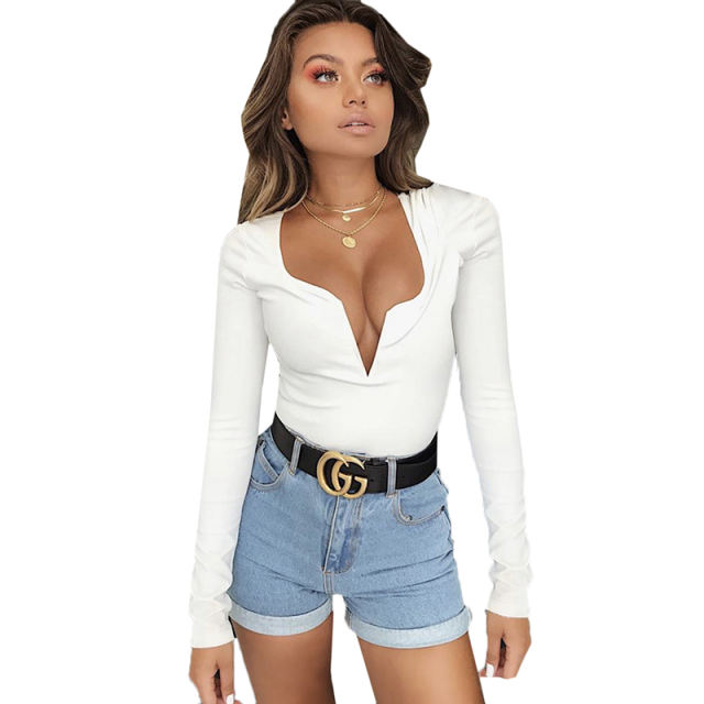 White Deep V Long Sleeve Bodysuit TQK550156-1