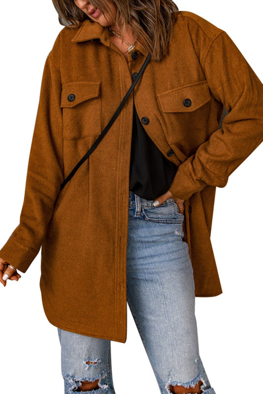 Brown Long Sleeve Pockets Buttoned Shirt Jacket LC8512409-17