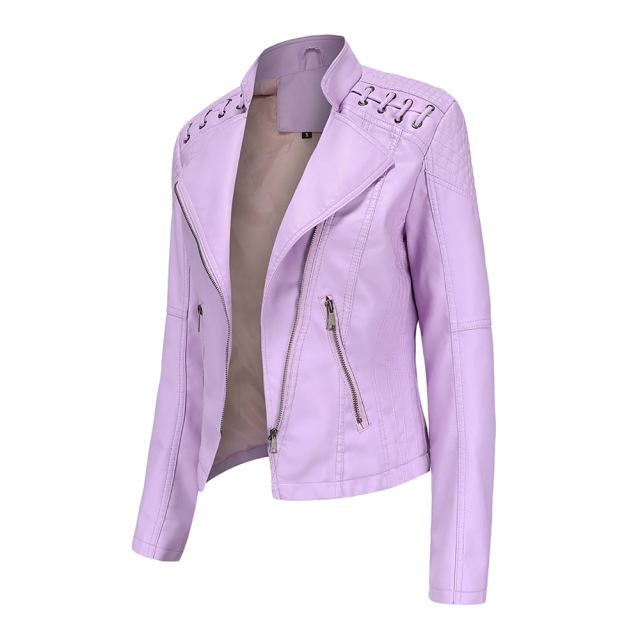 Pink Zipper Slim Fit Motorcycle PU Leather Jacket TQK280090-10