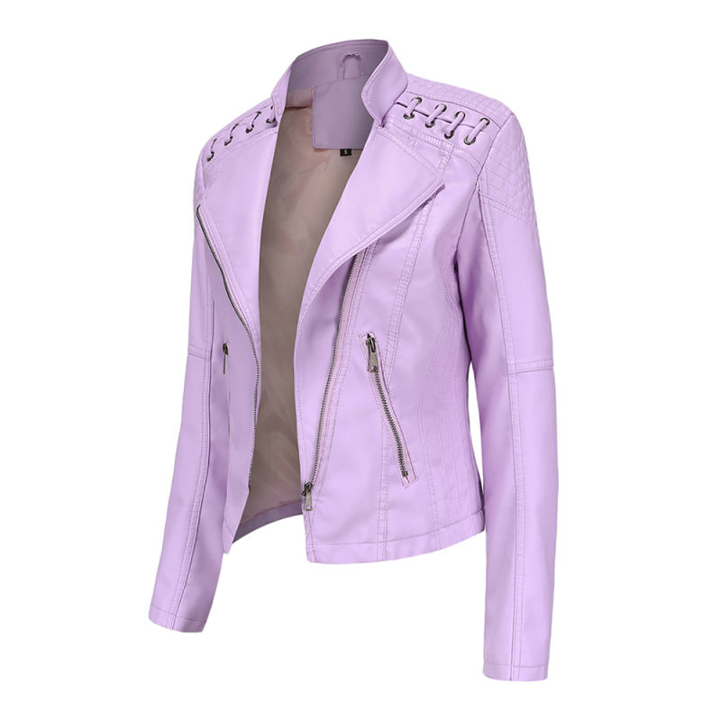 Pink Zipper Slim Fit Motorcycle PU Leather Jacket TQK280090-10
