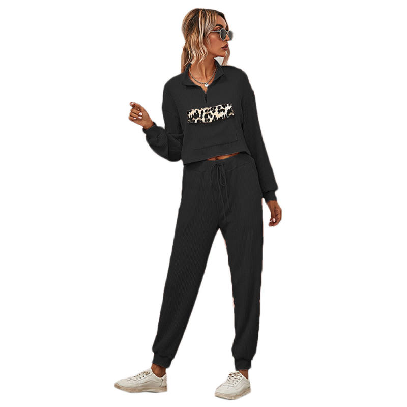 Black Zipper Up Leopard Detail Sweatshirt with Pant Set TQK710222-2