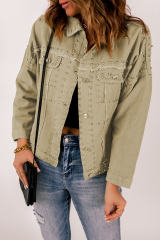 Khaki Frayed Trim Rivet Denim Jacket LC788104-16