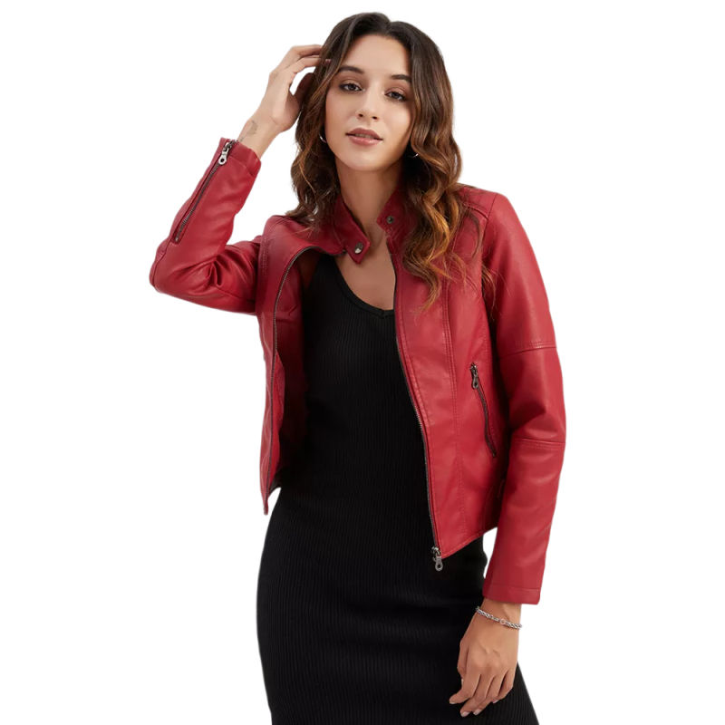 Red Slim Fit Stand Collar PU Motorcycle Jacket TQK280091-3