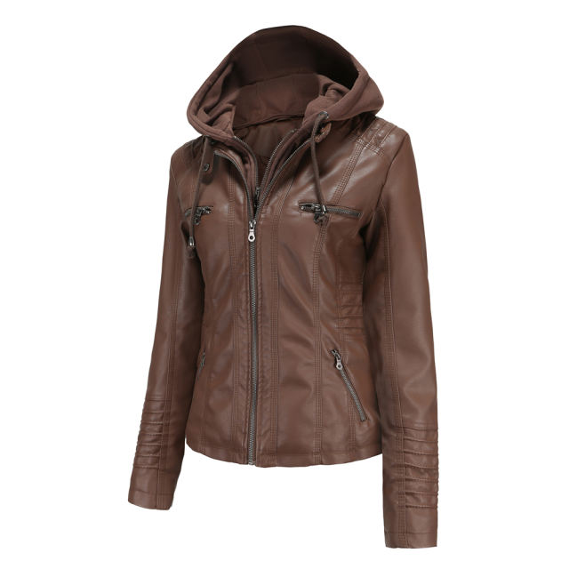 Coffee Removable Hooded Washed PU Leather Jacket TQK280096-15
